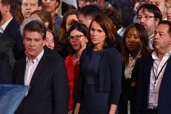 Arnaud Montebourg, Aurélie Filippetti et Jean-Luc Romero lors du meeting de Benoît Hamon, candidat du Parti Socialiste (PS) à l'élection présidentielle 2017, à l'AccorHotels Arena de Paris, France, le 19 mars 2017.