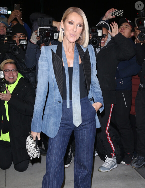 Celine Dion arbore un total look jean veste et cravate à la sortie de son hôtel à New York, le 14 novembre 2019 