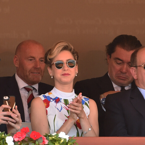 Jazmin Grace Grimaldi (la fille du prince Albert II de Monaco), son compagnon Ian Mellencamp, le prince Albert II de Monaco en tribune lors du Rolex Monte-Carlo Masters 2018 à Roquebrune Cap Martin le 19 avril 2018. © Bruno Bebert / Bestimage 