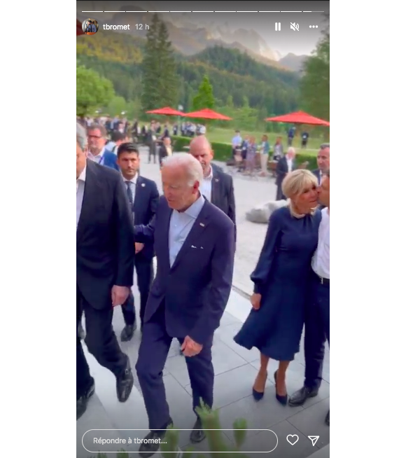 Emmanuel Macron donnant un bisou à son épouse Brigitte lors du G7 en Bavière en Allemagne en juin 2022. Image issue de la story de Tristan Bromet, chef de cabinet de la première dame française