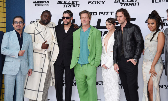 Brian Tyree Henry, Bad Bunny, Brad Pitt, Joey King, Aaron Taylor-Johnson et Zazie Beetz à la première du film "Bullet Train" à Los Angeles, le 1er août 2022. <br /><br />