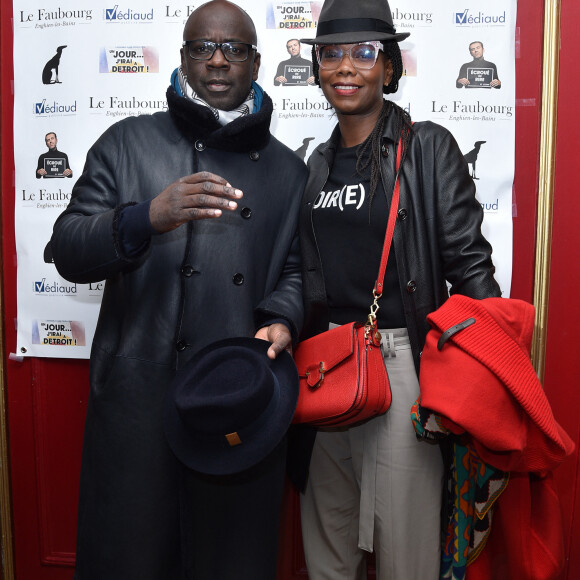 Exclusif - Lilian Thuram et sa compagne Kareen Guiock - Générale de la pièce de théâtre "Un Jour J'irai à Détroit !" au théâtre du Gymnase Marie Bell à Paris, France, le 20 janvier 2020. C'est sur une note historique et de devoir que S.Bugsy et D.Desclos ont souhaité au travers d'une pièce de théâtre, montrer et partager le combat des révoltés tirailleurs sénégalais, massacrés par l'armée française à Thiaroye le 01 décembre 1944. Mise en scène par D.Coubes. © Giancarlo Gorassini/Bestimage