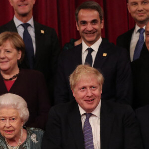 Le prince Charles, prince de Galles, Jens Stoltenberg, la reine Elisabeth II, Boris Johnson, Justin Trudeau, Emmanuel Macron, Angela Merkel - Réception au palais de Buckingham en l'honneur des participants à l'anniversaire des 70 ans de l'Otan le 3 décembre 2019. 