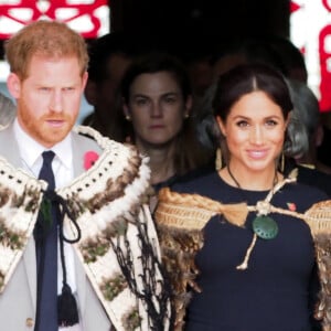 Le prince Harry, duc de Sussex, Meghan Markle, duchesse de Sussex (enceinte) lors d'une visite du site Te Papaiouru Marae à Rotorua, Nouvelle Zélande le 31 octobre 2018. 