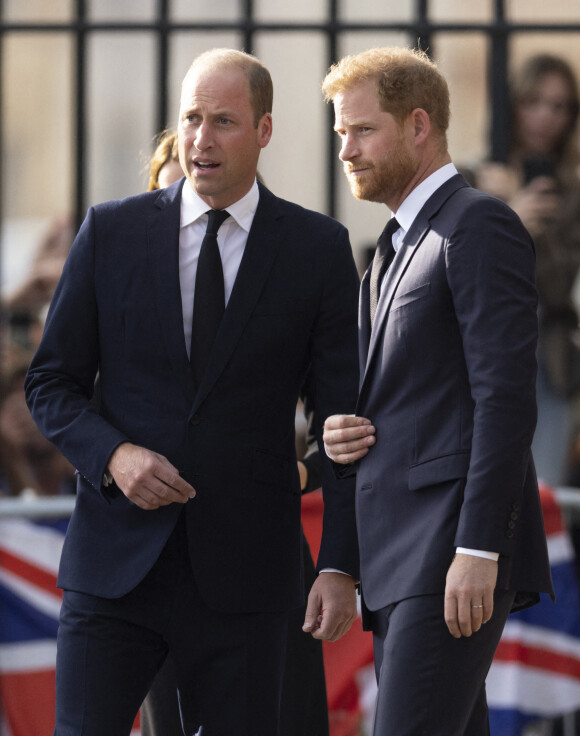 Le prince de Galles William, le prince Harry, duc de Sussex à la rencontre de la foule devant le château de Windsor, suite au décès de la reine Elisabeth II d'Angleterre. Le 10 septembre 2022 