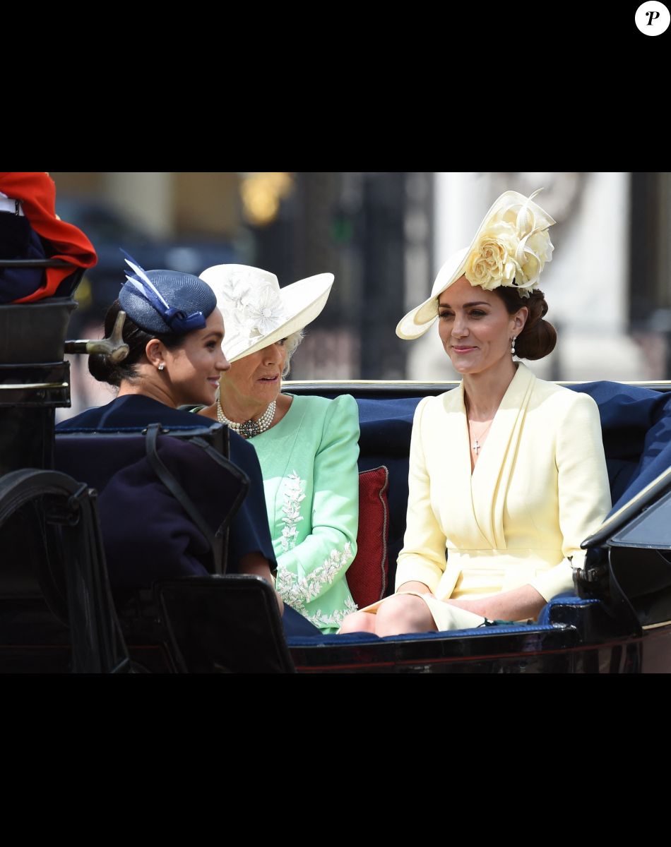 Meghan Markle, duchesse de Sussex, Camilla Parker Bowles, duchesse de Cornouailles, Catherine (Kate) Middleton, duchesse de Cambridge - La parade Trooping the Colour 2019, célébrant le 93ème anniversaire de la reine Elisabeth II, au palais de Buckingham, Londres, le 8 juin 2019.