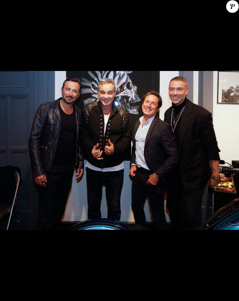 Mickaël Cohen, Pierre Cosso, guest, Maxime Dereymez - Soirée de présentation des nouveautés de la marque Harley Davidson au showroom Beaumarchais à Paris, France, le 22 septembre 2022. © Christophe Clovis/Bestimage