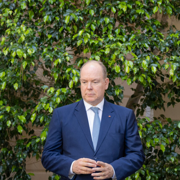 La princesse Stéphanie de Monaco, le prince Albert II de Monaco et guest lors de la conférence de présentation des célébrations du centenaire de la naissance du Prince Rainier III de Monaco au Palais de Monaco, le 28 septembre 2022. La Princesse Stéphanie sera en charge, avec le Prince Albert II, des événements qui se dérouleront en 2023. De nombreuses personnalités monégasques font également partie du comité d'organisation. © Olivier Huitel/Pool Restreint Monaco/Bestimage 