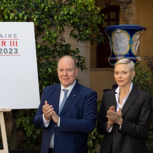 La princesse Stéphanie de Monaco, le prince Albert II de Monaco et la princesse Charlène de Monacoo lors de la conférence de présentation des célébrations du centenaire de la naissance du Prince Rainier III de Monaco au Palais de Monaco, le 28 septembre 2022. La Princesse Stéphanie sera en charge, avec le Prince Albert II, des événements qui se dérouleront en 2023. De nombreuses personnalités monégasques font également partie du comité d'organisation. © Olivier Huitel/Pool Restreint Monaco/Bestimage 