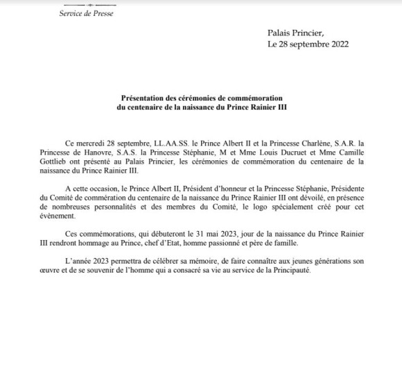 Communiqué publié par le Palais princier de Monaco le 28 septembre 2022.