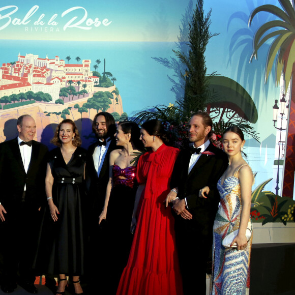 Pierre Casiraghi et sa femme Beatrice Borromeo, la princesse Caroline de Hanovre, le prince Albert II de Monaco, Carole Bouquet, Charlotte Casiraghi et son compagnon Dimitri Rassam, Andrea Casiraghi et sa femme Tatiana Santo Domingo, la princesse Alexandra de Hanovre - 65ème édition du Bal de la Rose donné au profit de la Fondation Princesse Grace sur le thème de la Riviera, une idée de K. Lagerfeld, à la Salle des Etoiles du Sporting Monte-Carlo à Monaco, le 30 mars 2019. © Jean-François Ottonello / Nice Matin / Bestimage 