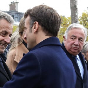 Le président français, Emmanuel Macron, Catherine Colonna, ministre des Affaires étrangères et Nicolas Sarkozy et la maire de Paris, Anne Hidalgo lors de la commémoration marquant le 104ème anniversaire de l'Armistice du 11 novembre 1918, mettant fin à la Première Guerre mondiale (WWI) à l'Arc de Tromphe sur la Place de l'Etoile à Paris, France, le 11 novembre 2022. © Stéphane Lemouton/Bestimage 