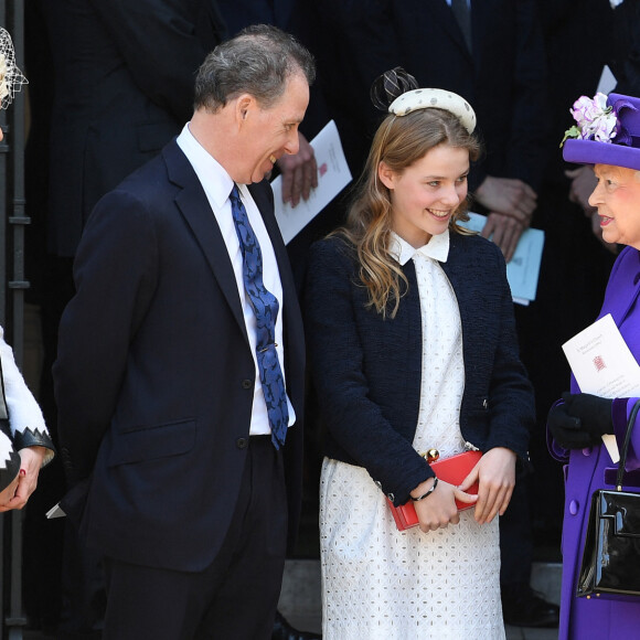 Serena Linley (Armstrong-Jones), son mari David Linley (Armstrong-Jones), leur fille Lady Margarita Armstrong-Jones et la reine Elisabeth II d'Angleterre - La famille royale britannique sort de la messe de Thanksgiving en la Chapelle de St Margaret de l'Abbaye de Westminster en l'honneur de l'ancien Lord Snowden à Londres, le 7 avril 2017. 