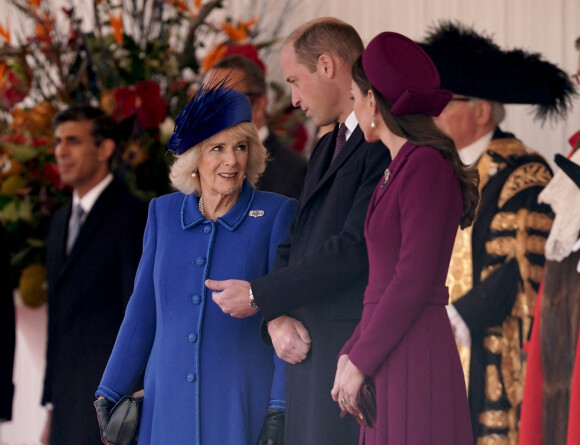 Camilla Parker Bowles, reine consort d'Angleterre, le prince William, prince de Galles, et Catherine (Kate) Middleton, princesse de Galles, - La famille royale du Royaume Uni lors de la cérémonie d'accueil du président de l'Afrique du Sud, en visite d'état à Londres, Royaume Uni, le 22 novembre 2022. 