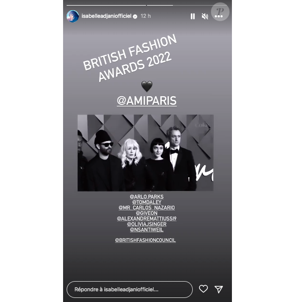 Isabelle Adjani partage en story Instagram des moments passés aux British Fashion Awards à Londres le 5 décembre 2022