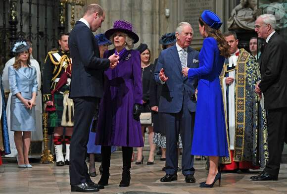 Le prince William, duc de Cambridge, et Catherine (Kate) Middleton, duchesse de Cambridge, le prince Charles, prince de Galles, et Camilla Parker Bowles, duchesse de Cornouailles, lors du service annuel du Commonwealth à l'abbaye de Westminster à Londres, Royaume Uni, le 14 mars 2022. 