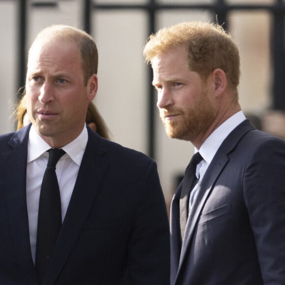 Le prince de Galles William, le prince Harry, duc de Sussex à la rencontre de la foule devant le château de Windsor, suite au décès de la reine Elizabeth II d'Angleterre.