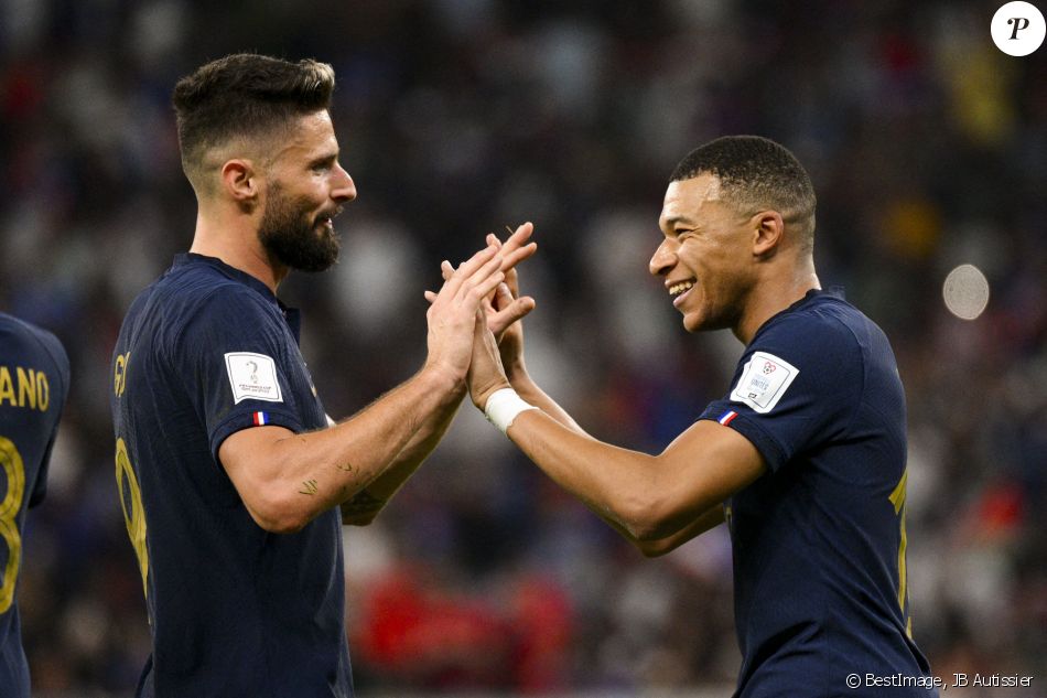 Olivier Giroud, Kylian MBappe - Joie des joueurs français lors du match ...