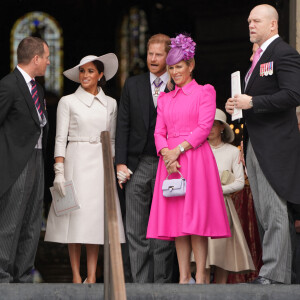 Peter Philips, le prince Harry, Meghan Markle, Zara Phillips, Mike Tindall - Les membres de la famille royale et les invités lors de la messe célébrée à la cathédrale Saint-Paul de Londres, dans le cadre du jubilé de platine (70 ans de règne) de la reine Elizabeth II d'Angleterre. Londres.