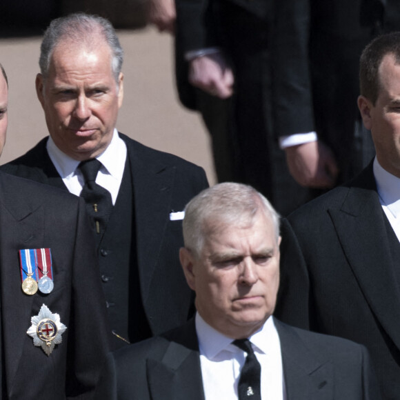 Le prince Andrew, duc d'York, le prince William, duc de Cambridge, Peter Phillips, le prince Harry, duc de Sussex, David Armstrong-Jones, comte de Snowdon - Arrivées aux funérailles du prince Philip, duc d'Edimbourg à la chapelle Saint-Georges du château de Windsor, le 17 avril 2021. 