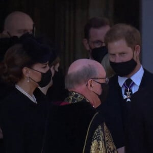 Le prince William, duc de Cambridge, et le prince Harry, duc de Sussex, Sorties des funérailles du prince Philip, duc d'Edimbourg à la chapelle Saint-Georges du château de Windsor, Royaume Uni, le 17 avril 2021. 