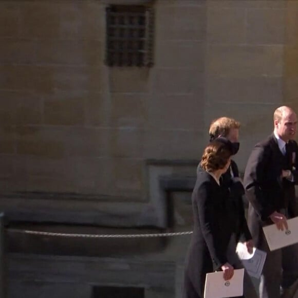 Le prince William, duc de Cambridge, et le prince Harry, duc de Sussex, Sorties des funérailles du prince Philip, duc d'Edimbourg à la chapelle Saint-Georges du château de Windsor, Royaume Uni, le 17 avril 2021. 