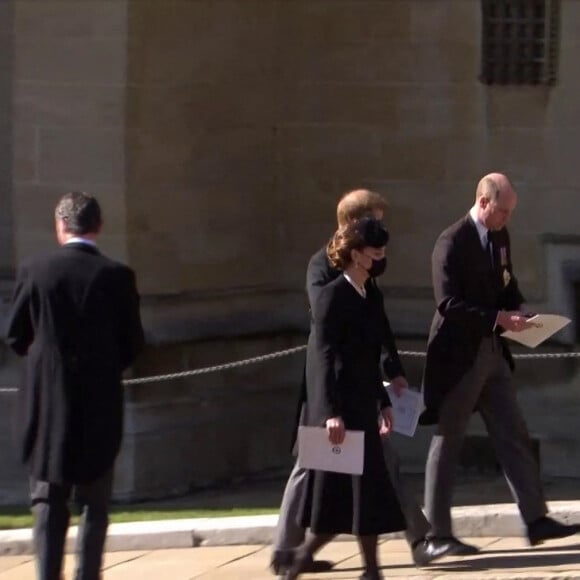 Le prince William, duc de Cambridge, et le prince Harry, duc de Sussex, Sorties des funérailles du prince Philip, duc d'Edimbourg à la chapelle Saint-Georges du château de Windsor, Royaume Uni, le 17 avril 2021. 