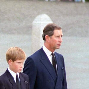 Le prince Philip, prince William, Earl Spencer, prince Harry et prince Charles lors des funérailles de la princesse Diana le 6 septembre 1997 à Londres