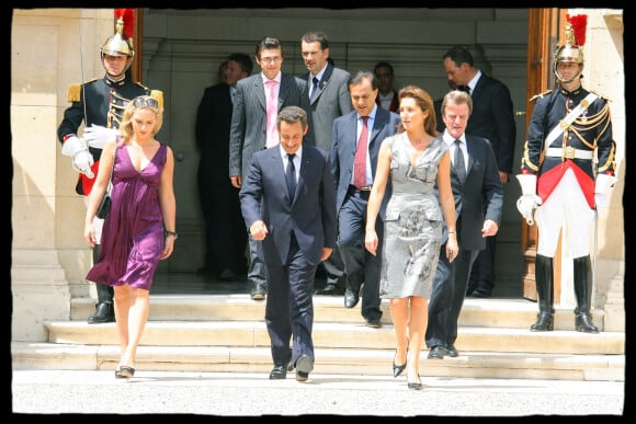 Jeanne-Marie Martin, Bernard Kouchner, Nicolas Sarkozy et son épouse de l'époque Cécilia à l'hôtel Marigny en 2006