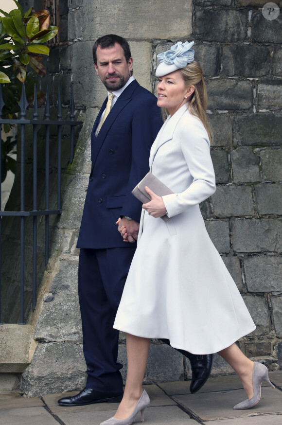 Peter et Autumn Phillips - La famille royale d'Angleterre célèbre le dimanche de Pâques dans la Chapelle Saint-Georges de Windsor le 31 mars 2018. 