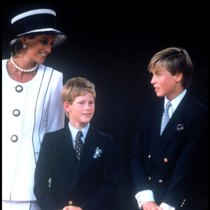 "Le choc est la plus grosse chose à gérer. [...] Je le ressens toujours personnellement plus de 20 ans après la mort de ma mère, c'est au plus profond de moi" lui confiait-il.
Archives - Lady Diana et ses fils William et Harry pour le 50è anniversaire de la victoire des Alliés à Londres en 1995