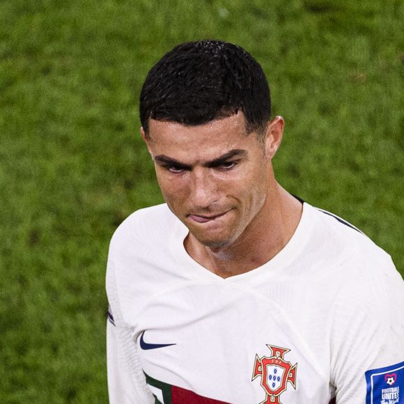 Les larmes de Cristiano Ronaldo après la défaite de l'équipe du Portugal face au Maroc (1-0) en quarts de finale de la Coupe du Monde 2022 au Qatar (FIFA World Cup Qatar 2022), le 10 décembre 2022.