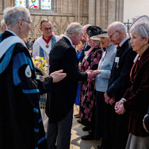 Le roi Charles III d'Angleterre et Camilla Parker Bowles, reine consort d'Angleterre, participent au Royal Maundy Service à la cathédrale d'York, où le roi distribuera cérémonieusement de petites pièces d'argent appelées "Maundy money", comme aumône symbolique aux personnes âgées. Le 6 avril 2023. 