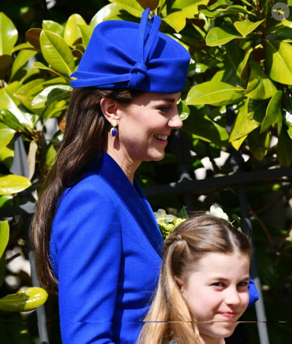 Catherine (Kate) Middleton, princesse de Galles, La princesse Charlotte de Galles - La famille royale du Royaume Uni arrive pour assister à la messe de Pâques à la chapelle Saint Georges au château de Windsor, le 9 avril 2023. 