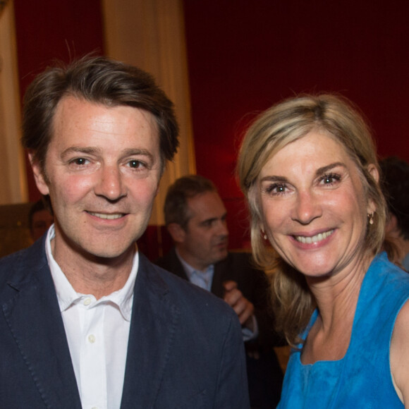 Exclusif - François Baroin et sa compagne Michèle Laroque - Présentation de la préparation du film "Jeux dangereux"au Théâtre de Paris le 15 juin 2015.