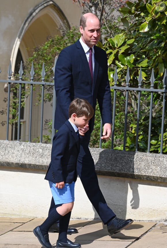 Le prince William, prince de Galles, Le prince Louis de Galles - La famille royale du Royaume Uni arrive pour assister à la messe de Pâques à la chapelle Saint Georges au château de Windsor, le 9 avril 2023. 