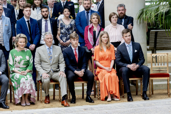 La reine Mathilde et le roi Philippe de Belgique, le prince Gabriel, le prince Emmanuel et la princesse Eleonore - La famille royale Belge à l'occasion des 10 ans de royauté du roi Philippe assiste à une garden-party au domaine royal du château de Laeken avec 600 Belges de tout le pays le 13 mai 2023. 