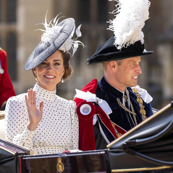 Le prince William, prince de Galles, et Catherine (Kate) Middleton, princesse de Galles, lors du service annuel de l'ordre de la jarretière à la chapelle St George du château de Windsor, le 19 juin 2023. 