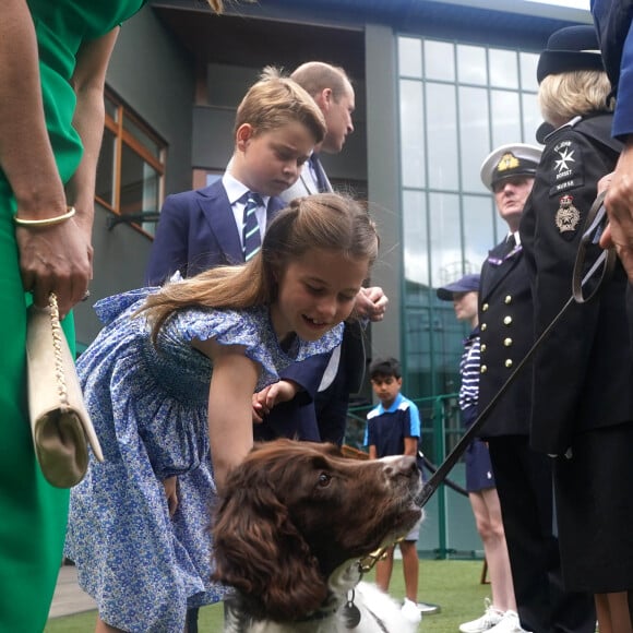 Le prince William, prince de Galles, et Catherine Middleton, princesse de Galles, avec leurs enfants le prince George de Galles, et la princesse Charlotte de Galles, arrivent pour assister à la finale homme du tournoi de Wimbledon 2023 à Londres, le 16 juillet 2023. ©Bestimage