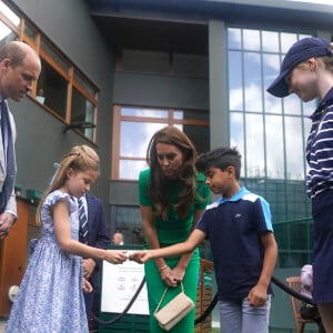 Le prince William, prince de Galles, et Catherine Middleton, princesse de Galles, avec leurs enfants le prince George de Galles, et la princesse Charlotte de Galles, arrivent pour assister à la finale homme du tournoi de Wimbledon 2023 à Londres, le 16 juillet 2023. ©Bestimage