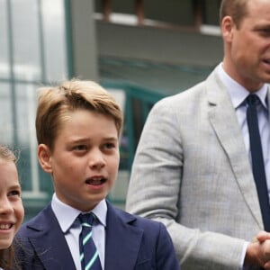 Le prince William, prince de Galles, et Catherine Middleton, princesse de Galles, avec leurs enfants le prince George de Galles, et la princesse Charlotte de Galles, arrivent pour assister à la finale homme du tournoi de Wimbledon 2023 à Londres, le 16 juillet 2023. ©Bestimage