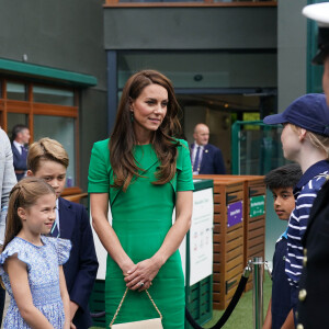 Le prince William, prince de Galles, et Catherine Middleton, princesse de Galles, avec leurs enfants le prince George de Galles, et la princesse Charlotte de Galles, arrivent pour assister à la finale homme du tournoi de Wimbledon 2023 à Londres, le 16 juillet 2023. ©Bestimage