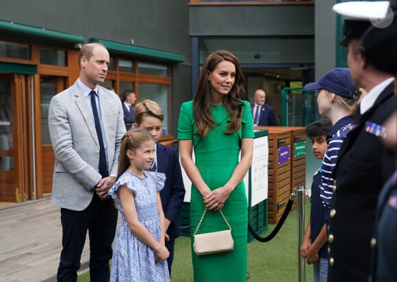 Le prince William, prince de Galles, et Catherine Middleton, princesse de Galles, avec leurs enfants le prince George de Galles, et la princesse Charlotte de Galles, arrivent pour assister à la finale homme du tournoi de Wimbledon 2023 à Londres, le 16 juillet 2023. ©Bestimage