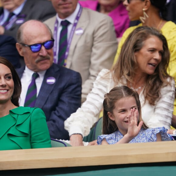 Kate Middleton, le prince William, le prince George, la princesse Charlotte de Galles - Finale simple Messieurs de Wimbledon 2023 (Victoire de Carlos Alcaraz contre Novak Djokovic). Londres, 16 juillet 2023.