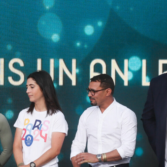 Exclusif - Arthur Bauchet (skieur handisport), Sarah Bee (breakdanseuse), Charlotte Hym (Skateuse), Brahim Asloum (boxeur), David Douillet (judoka), Tony Estanguet (pdt du Comité Olympique Paris 2024) - Enregistrement de l'émission "Paris 2024 le concert événement...dans un an les jeux" sur le parvis de l'Hôtel de Ville de Paris, diffusée le 25 juillet sur France 2 à 21h10. Le 3 juillet 2023 © Tiziano Da Silva-Christophe Clovis / Bestimage