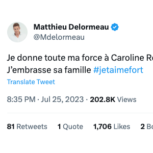 "Je donne toute ma force à Caroline Receveur ! Je fais confiance à la vie. J'embrasse sa famille", écrit l'ex-chroniqueur de Cyril Hanouna.