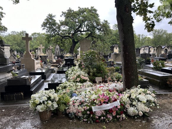 Exclusif - Tombe de Kate Barry recouverte des fleurs des obsèques de Jane Birkin qui a rejoint sa fille dans sa tombe au funérarium du Montparnasse à Paris le 24 juillet 2023. Après sa crémation au funérarium du Père Lachaise, son urne a été déposée sur sa tombe. 