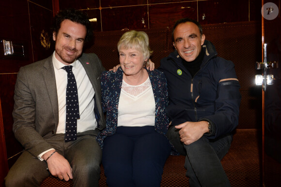 Mathias Vicherat (directeur général adjoint de la SNCF), Simone Hérault (la voix culte de SNCF) et Nikos Aliagas - La SNCF fête ses 80 ans à la Gare de Lyon, Paris le 12 mars 2018.  © Rachid Bellak/Bestimage