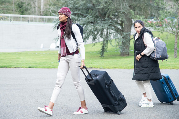 Wendie Renard, Amel Majri - Arrivée des joueuses de l’Equipe de France à Clairefontaine le 3 avril 2023.