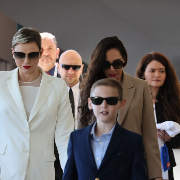 La princesse Charlene de Monaco, ses enfants le prince Jacques et la princesse Gabriella, Sean Wittstock avec sa femme Chantell Violet Serfontein et leurs enfants Raigen et Aiva Grace - La famille princière de Monaco assiste à la finale homme du tournoi Rolex Monte Carlo Masters 2023 à Roquebrune-Cap-Martin le 16 avril 2023. En s'imposant devant Holger Rune (5-7, 6-2, 7-5), Andrey Rublev a décroché son tout premier Masters 1000. © Claudia Albuquerque/Bestimage 
